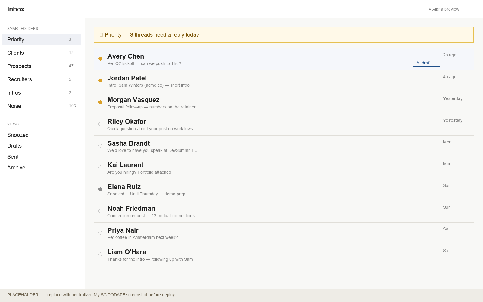 A LinkedIn inbox with a Priority band at the top, smart folders in the sidebar, and an AI draft button on each thread.